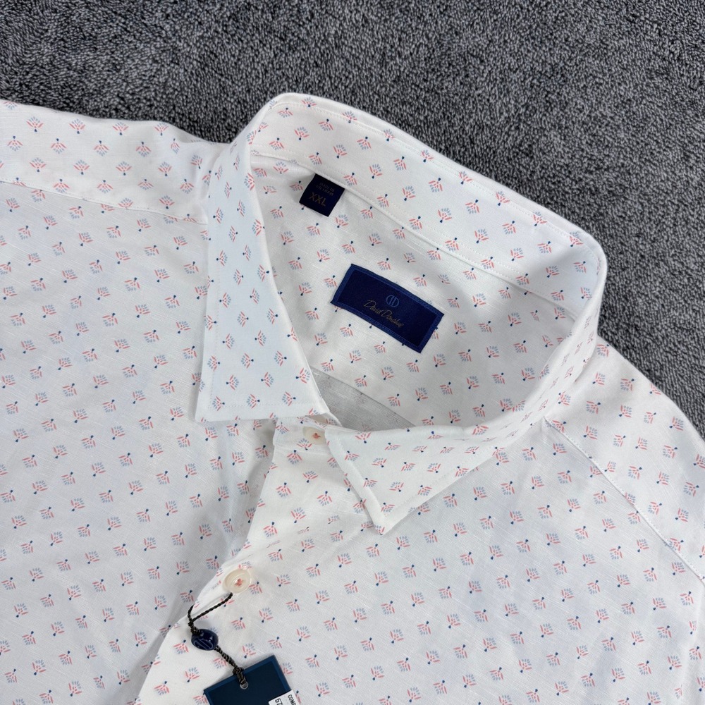 David Donahue Mens XXL White Multi Print Linen Cotton Short Sleeve Button Down